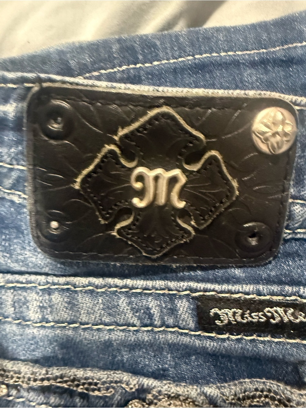 Miss Me Women's Blue Bootcut Jeans with Black Leather Logo Patch
